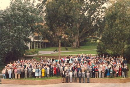 Mt Helen Staff gather under the 'Tree of Knowledge' on the occasion of E.J. Barker's retirement, 1987. (Cat.No.3829)