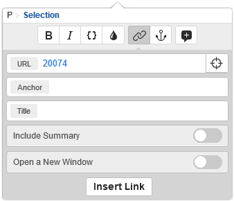 Adding link dialogue box with asset ID in URL field
