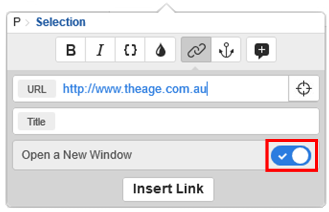 Add link dialogue box with example URL in URL field, Open a New Window option selected