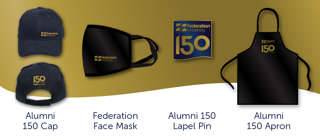 Alumni and Federation memorabilia includes a cap, face mask, lapel pin, apron.