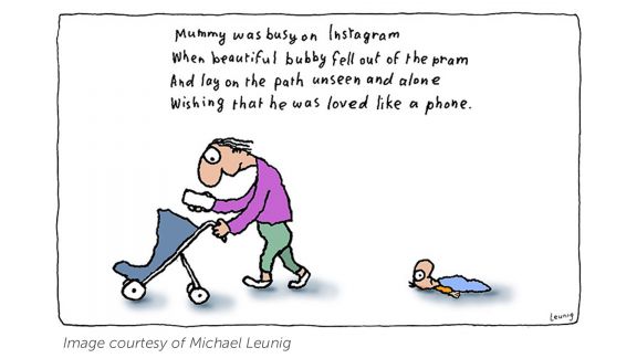 A Leunig cartoon which shows a mother pushing an empty pram and reading her phone, while a baby lies on the ground behind.