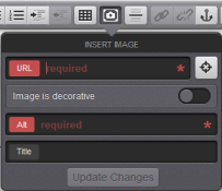 Toggle image options dialogue box, URL and Alt required fields