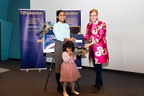2022 Foundation Continuing Scholarship recipient Wewage Dep with her daughter and Ms Rhonda Whitfield, Deputy Chancellor