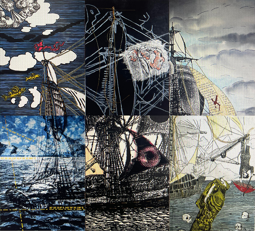A multi panel print of images of ships