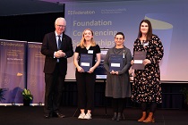 Mr Terry Moran AC, Chancellor and 2022 Foundation Commencing Scholarship recipients Nicole Smith, Melissa Glasgow and Jessica Gruis