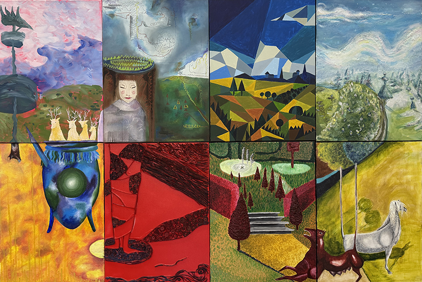 Homage to Leonora Carrington’s Green Tea (La Dame Ovale), 2025 (detail)  Multi panel painting of multiple scenes