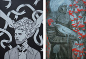 Image left: Areka Brown, The man with the world in his head, 2014, linoprint, 56 x 38cm. Image right: Marianne Sebetti, Wild Ash, 2014, charcoal & pastel on paper, 90 x 60cm
