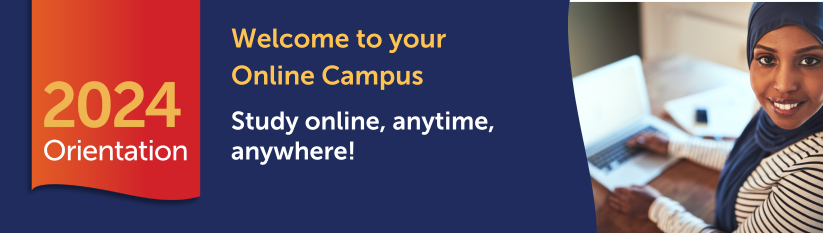 Heading reads 2024 Orientation. Welcome to your Online Campus. Study online anytime, anywhere!