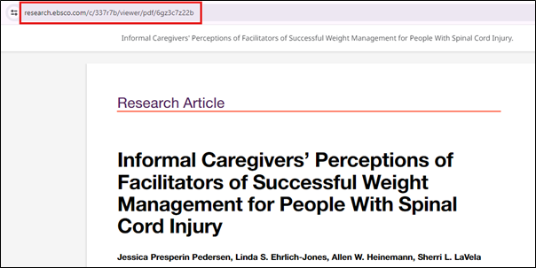 Screenshot of EBSCOHost article access options, highlighting the URL to copy.